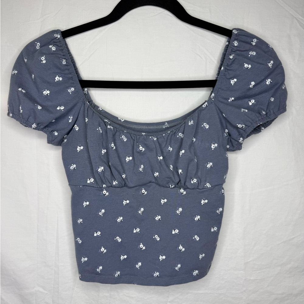 Hollister Blue Floral Puff Sleeve Crop Top